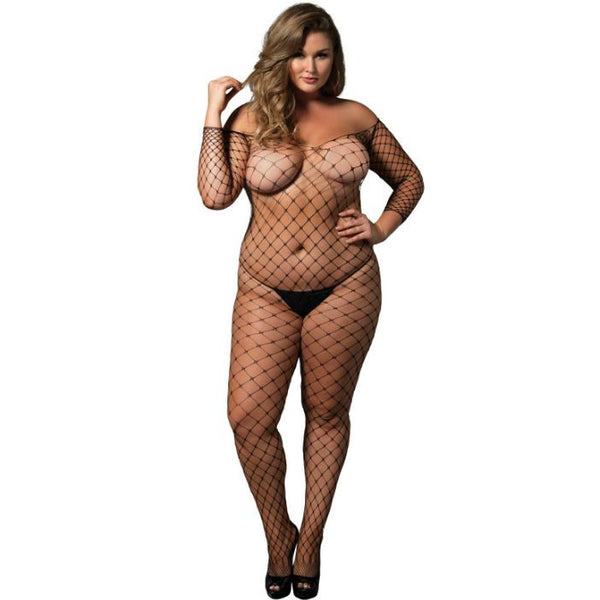 Bodystocking de red ancha y manga larga con hombros descubiertos, espalda descubierta y entrepierna abierta