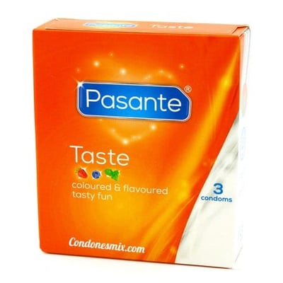 Pasante Pasante de Sabores: Variados: Menta, Chocolate, Fresa y Arándano. Condones de color verde, marrón, rojo y azul. Forma recta. Sabores 3 uds