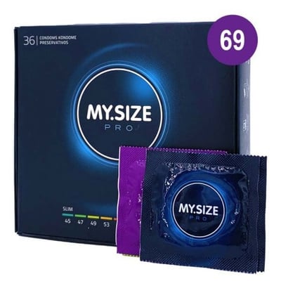 MySize El condón más grande de todos, con 69 mm de ancho, lo convierte en el preservativo XXL. De forma recta. Talla 69 caja 36 uds