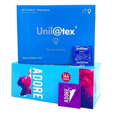 Adore|Unilatex Caja de Unilatex natural y Adore natural, perfecto para aquellos que buscan el condón tradicional a un precio único. 288 condones naturales