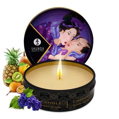 Shunga Vela natural con aroma a Frutas Exóticas para poder disfrutar de una velada natural y en un ambiente agradable. Vela con duración de 7 horas encendida. Vela Libido 30 ml
