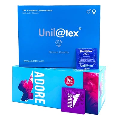 Adore|Unilatex Caja de Unilatex natural y Adore natural, perfecto para aquellos que buscan el condón tradicional a un precio único. 288 condones naturales