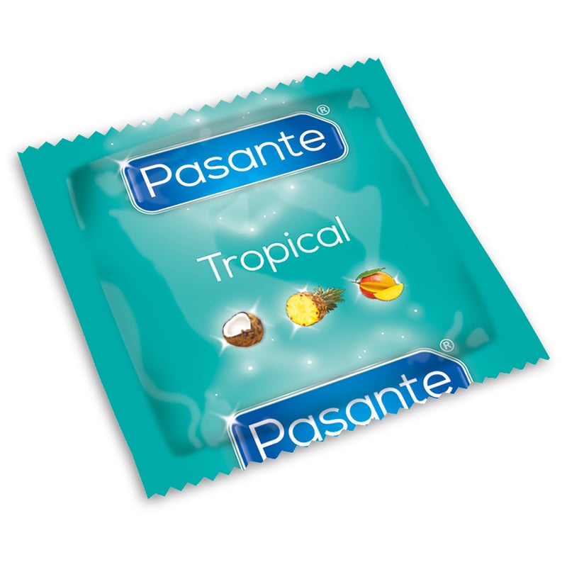 Pasante Surtido variado de sabores tropicales: 144 condones de coco, mango y piña. Preservativos de colores y sabores variados. Tropical 144 uds