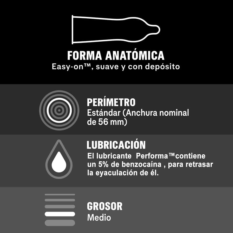 Durex Condón retardante que facilita una relación más prolongada y con forma anatómica para mayor comodidad y facilidad a la hora de colocarlo. Placer Prolongado 12 uds