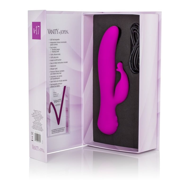 California Exotic Poderoso vibrador estilo Rabbit de la línea de Vanity. Potente vibrador para estimulación del punto G, las paredes vaginales y una graciosa lengua que estimula el clítoris.<br/><br/> La carga está completa en 3 horas. Co