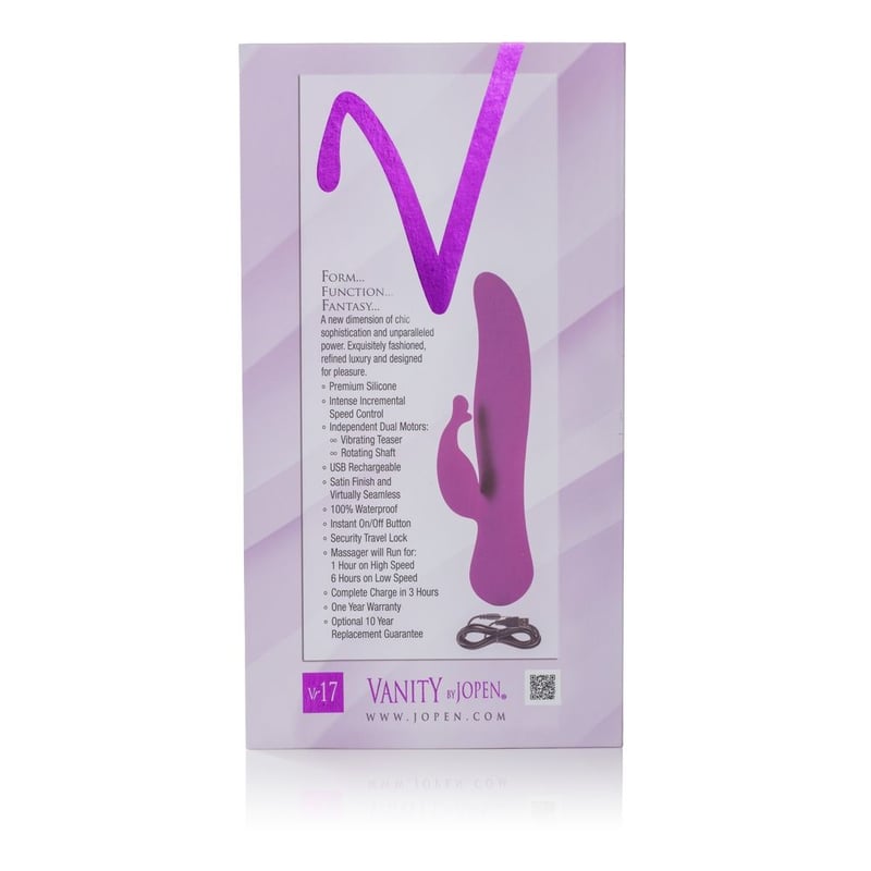 California Exotic Poderoso vibrador estilo Rabbit de la línea de Vanity. Potente vibrador para estimulación del punto G, las paredes vaginales y una graciosa lengua que estimula el clítoris.<br/><br/> La carga está completa en 3 horas. Co