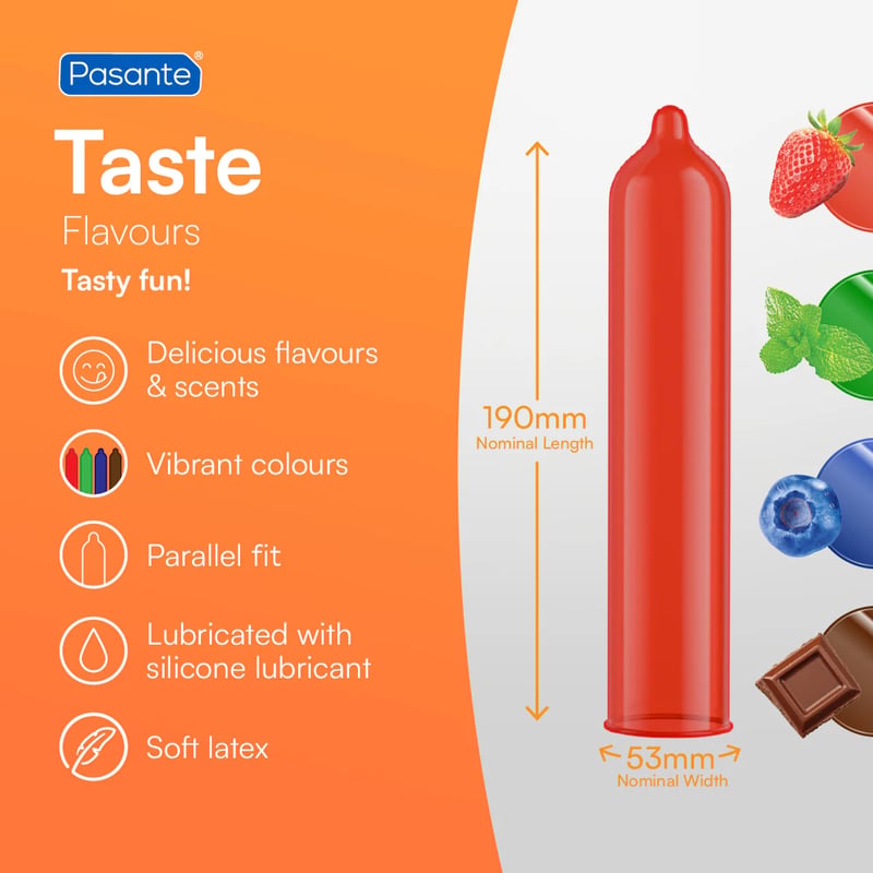Pasante Pasante de Sabores: Variados: Menta, Chocolate, Fresa y Arándano. Condones de color verde, marrón, rojo y azul. Forma recta. Sabores 3 uds