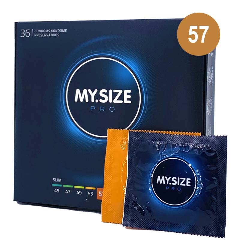 MySize Condón con forma Recta para buscar un ajuste perfecto. La talla 57 se considera talla grande, si la talla 53 te aprieta. Talla 57 caja 36 uds