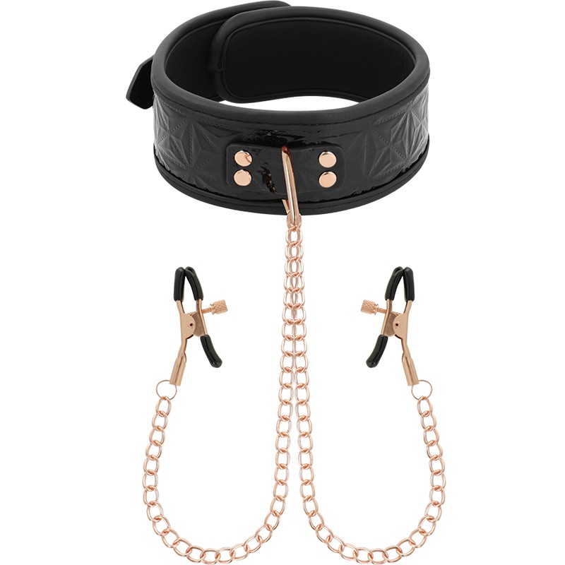 BegMe Collar negro con cadenas y pinzas para pezones 0