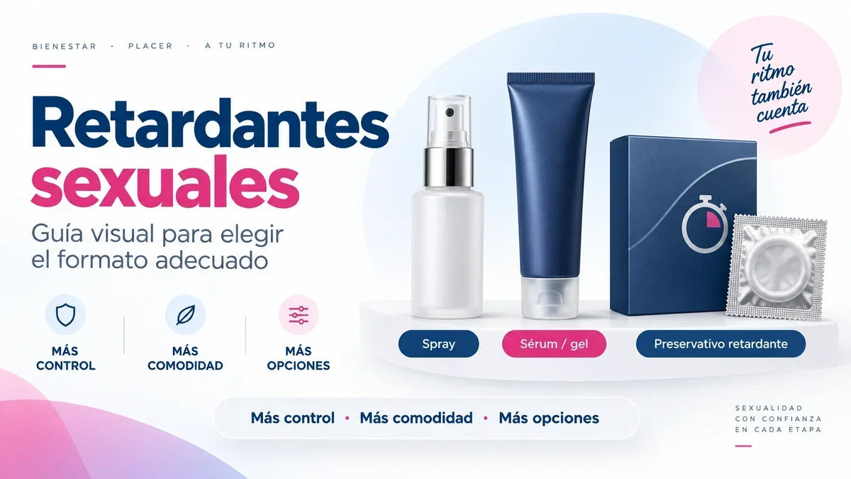 Retardantes sexuales: guía visual de formatos spray, sérum o gel y preservativo retardante. Ilustración de envases genéricos.