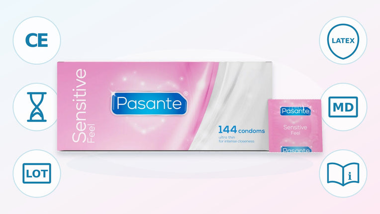 Caja de preservativos Pasante rodeada de los símbolos habituales del envase