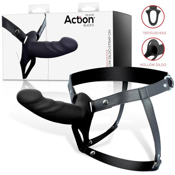 Arnés Strap-On con Dildo Hueco Silicona Talla S Negro - Action - Arneses con pene o dildo Strap-On