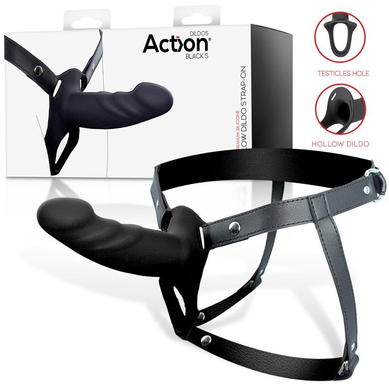 Arnés Strap-On con Dildo Hueco Silicona Talla S Negro - Action - Arneses con pene o dildo Strap-On