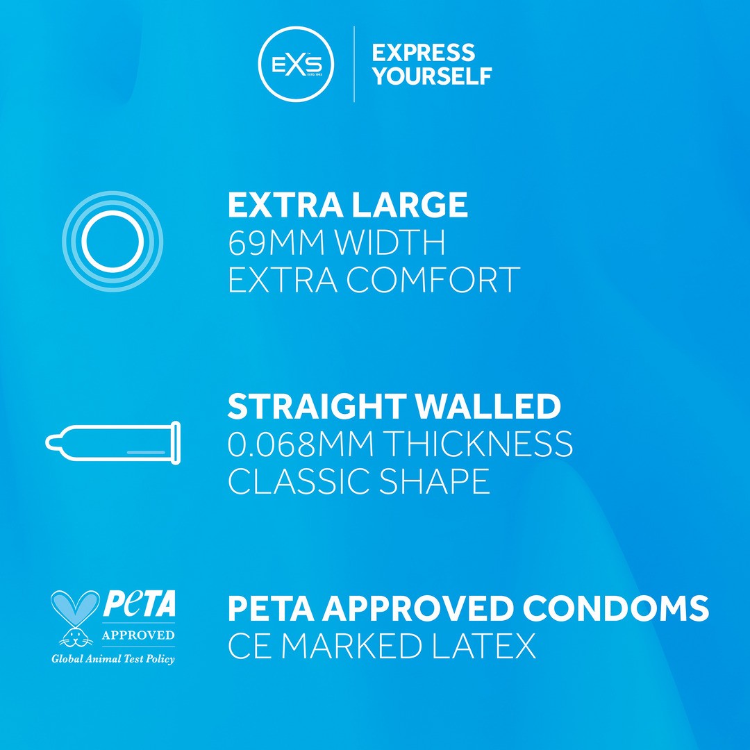 EXS condones XL grandes. Más largo y ancho, te proporcionan una comodidad extra Magnum XL