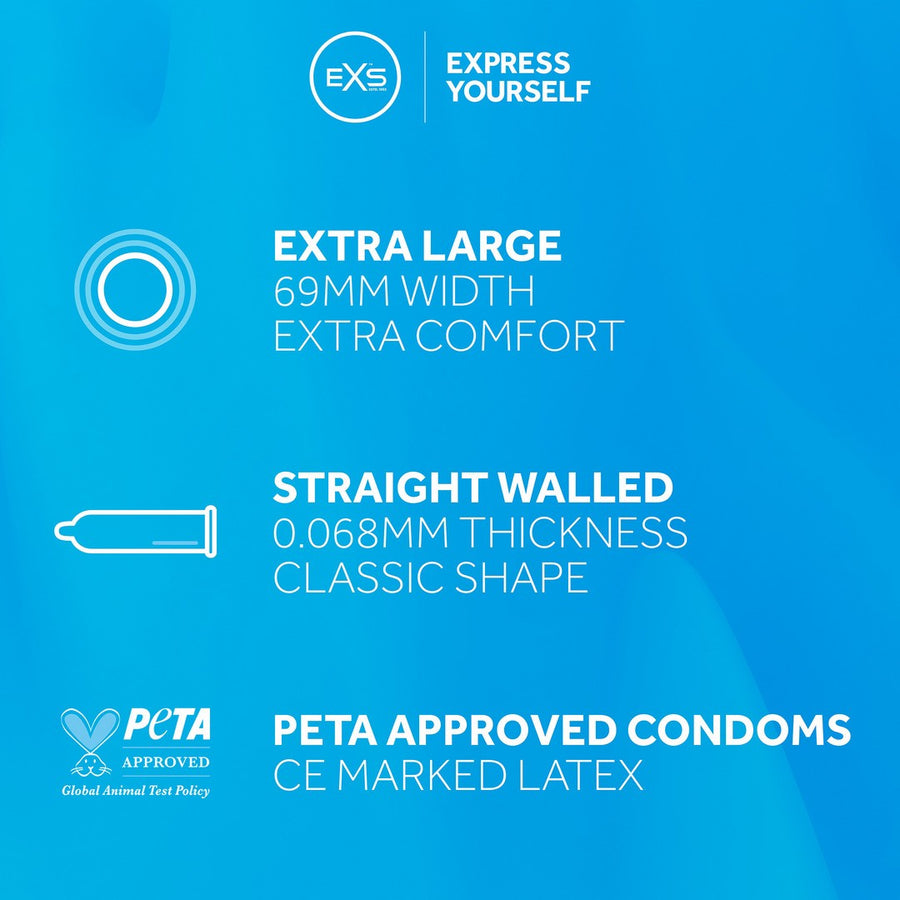 EXS condones XL grandes. Más largo y ancho, te proporcionan una comodidad extra Magnum XL