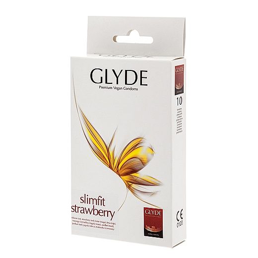 Glyde Condón con aroma y sabor a fresa natural. De forma recta y un poco más estrechos que los normales. Talla XS Fresa XS Slimfit