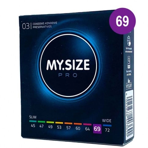 MySize El condón más grande de todos, con 69 mm de ancho, lo convierte en el preservativo XXL. De forma recta. Talla 69 caja 36 uds